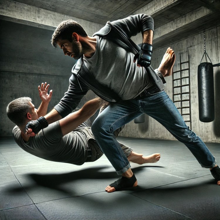 Eine Person hält eine andere fallende Person, indem er ihn zum Takedown zwingt.